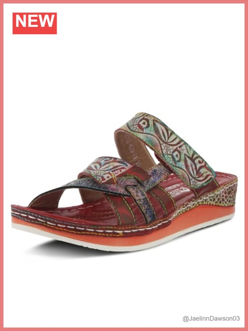 Hand Painted Floral Leather Wedge Slide Sandals Adjustable Strap